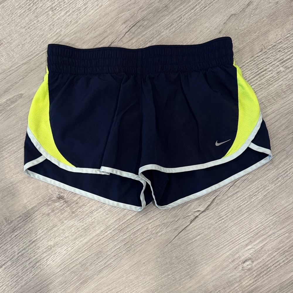 Nike Women's Dark Blue and Neon Yellow Athletic Shorts